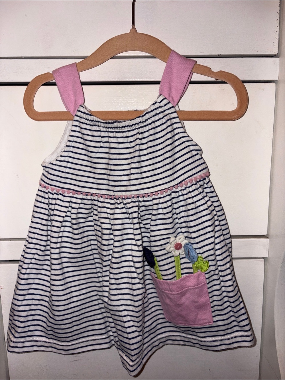 Kids Headquarters Striped Navy White Dress with Pink Accents